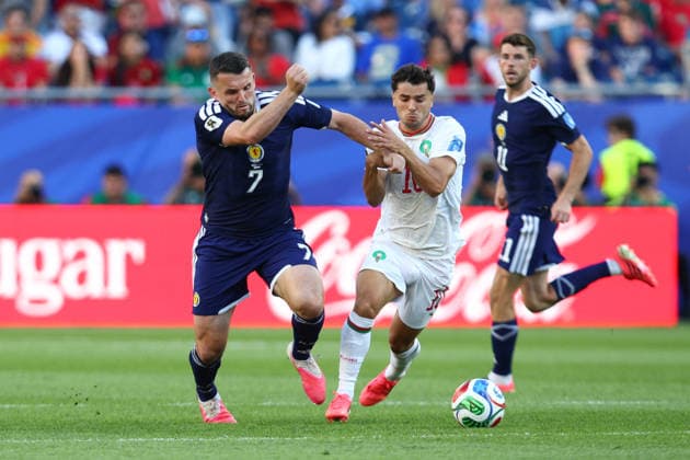 FIFA World Cup, WM, Weltmeisterschaft, Fussball 2026: Scotland v Morocco BOSTON, USA - 19th June 2026: John McGinn of Scotland vies for possession with Brahim Diaz of Morocco during the FIFA World Cup 2026 Group C match between Scotland and Morocco at Boston Stadium Boston Boston Stadium United States of America Copyright: xCraigxMercerx xPeakxActionxPhotosx