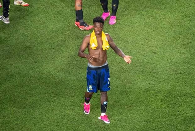 Fußball, Herren, FIFA World Cup, WM, Weltmeisterschaft, Fussball 2026 in Mexiko, Kanada und USA, Spiel in Philadelphia (Gruppe C, 2. Spieltag), Brasilien - Haiti, Vinicius Junior (7, Brasilien), Jubel nach dem Abpfiff, 19.06. 2026,