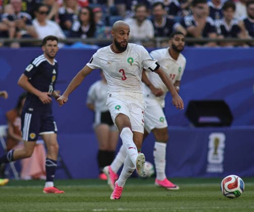June 19, 2026, Foxborough, Massachusetts, USA: Morocco defender Noussair Mazraoui (3) controls the ball during the June 19th FIFA World Cup, WM, Weltmeisterschaft, Fussball 2026 matchup between Scotland and Morocco at Gillette Stadium in Foxborough, Massachusetts. Foxborough USA - ZUMAs325 20260619_zsp_s325_061 Copyright: xJessxStilesx