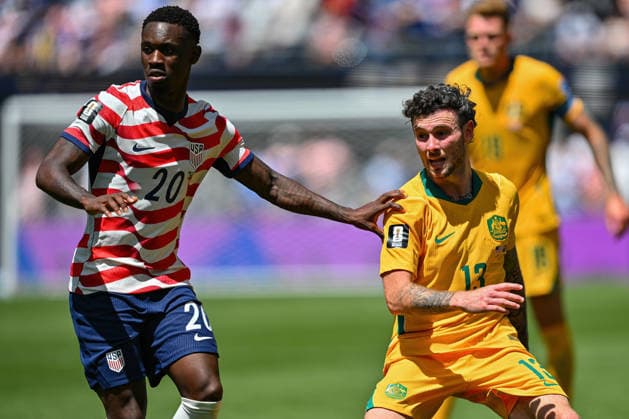 June 19, 2026: United States of America forward Folarin Balogun (20) and Australia midfielder Aiden O Neill (13) during the FIFA World Cup, WM, Weltmeisterschaft, Fussball soccer match between Australia and USA in Seattle, WA. Team USA defeated Australia 2-0. CSM FIFA World Cup 2026 Soccer: JUN 19 USA Vs Australia  - ZUMAc04_ 20260619_zma_c04_182 Copyright: xStevexFaberx