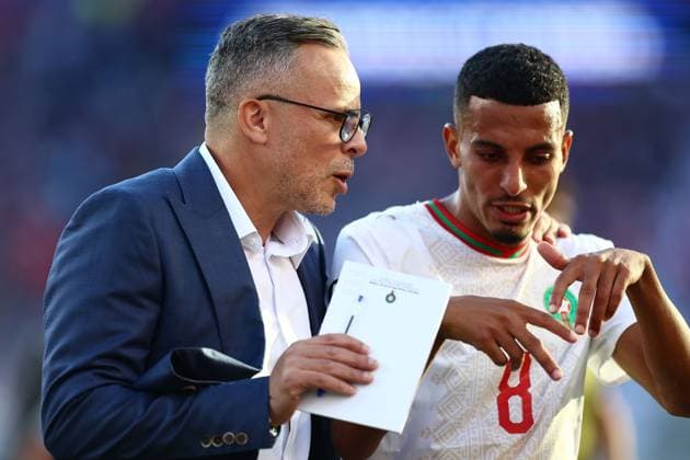 Mohamed Ouahbi head coach of Morocco and Azzedine Ounahi of Morocco Scotland v Morocco, 2026 FIFA World Cup, WM, Weltmeisterschaft, Fussball Group C, Football, Boston Stadium, Foxborough, Massachusetts, USA - 19 Jun 2026Foxborough Boston Stadium Massachusetts (MA) United States of America EDITORIAL USE ONLY No use with unauthorised audio, video, data, fixture lists, club league logos or live services. Online in-match use limited to 120 images, no video emulation. No use in betting, games or single club league player publications.  Copyright: xMichaelxZemanek Shutterstockx 16928953fk