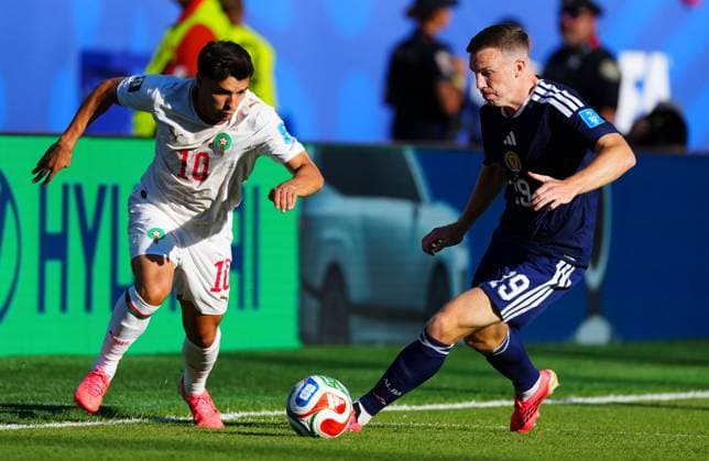 Brahim Diaz of Morocco and Lewis Ferguson of Scotland Scotland v Morocco, 2026 FIFA World Cup, WM, Weltmeisterschaft, Fussball Group C, Football, Boston Stadium, Foxborough, Massachusetts, USA - 19 Jun 2026Foxborough Boston Stadium Massachusetts (MA) United States of America EDITORIAL USE ONLY No use with unauthorised audio, video, data, fixture lists, club league logos or live services. Online in-match use limited to 120 images, no video emulation. No use in betting, games or single club league player publications.  Copyright: xJavierxGarcia Shutterstockx 16928932go