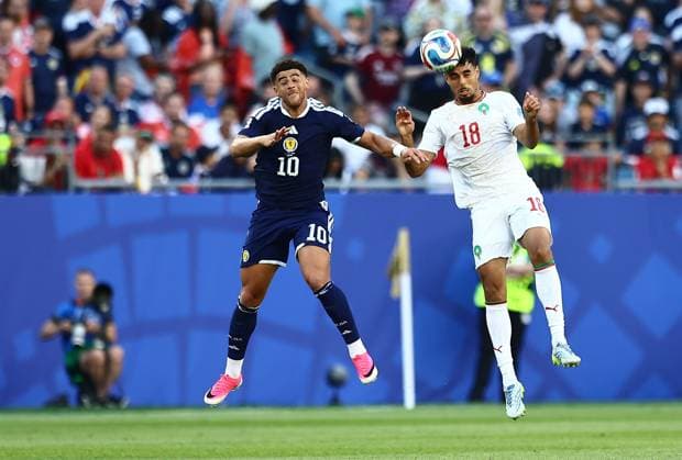 Che Adams of Scotland and Chadi Riad of Morocco Scotland v Morocco, 2026 FIFA World Cup, WM, Weltmeisterschaft, Fussball Group C, Football, Boston Stadium, Foxborough, Massachusetts, USA - 19 Jun 2026Foxborough Boston Stadium Massachusetts (MA) United States of America EDITORIAL USE ONLY No use with unauthorised audio, video, data, fixture lists, club league logos or live services. Online in-match use limited to 120 images, no video emulation. No use in betting, games or single club league player publications.  Copyright: xMichaelxZemanek Shutterstockx 16928953fo