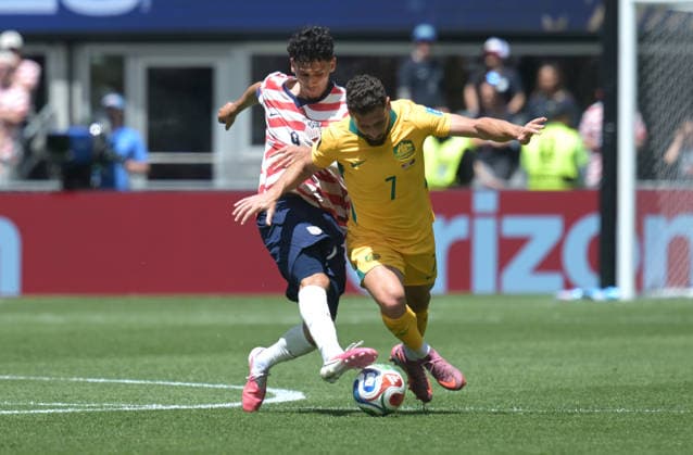 June 19, 2026, Seattle, Washington, United States: Ricardo Pepi (L) of United States men football team and Mathew Leckie (R) of Australia men football team seen in action during the FIFA World Cup, WM, Weltmeisterschaft, Fussball 2026 first stage Group D match between USA and Australia held at the Seattle Stadium. Final score; USA 2:0 Australia. FIFA World Cup 2026 United States Vs Australia Held At The Seattle Stadium In Seattle, USA -19 Jun 2026  - ZUMAs197 20260619_aaa_s197_238 Copyright: xLuisxVeniegrax