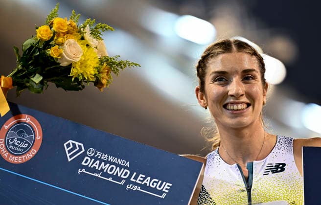 Doha Diamond League 2026 Emma Zapletalova of Slovakia celebrates after winning the women s 400m Hurdles final at the Diamond League Doha Meeting 2026 competition at Suheim Bin Hamad Stadium in Doha, Qatar, on May 19, 2026. DOHA Qatar Copyright: xNOUSHADx