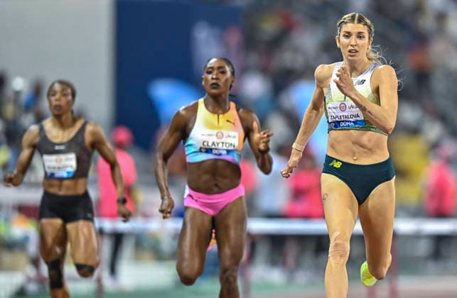 Doha Diamond League 2026 Emma Zapletalova (R) of Slovakia competes in the women s 400m Hurdles final at the Diamond League Doha Meeting 2026 competition at Suheim Bin Hamad Stadium in Doha, Qatar, on May 19, 2026. DOHA Qatar Copyright: xNOUSHADx