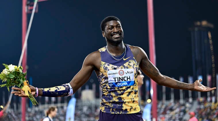 Doha Diamond League 2026 Cordell Tinch of the United States celebrates after winning the men s 110m Hurdles final at the Diamond League Doha Meeting 2026 competition at Suheim Bin Hamad Stadium in Doha, Qatar, on May 19, 2026. DOHA Qatar Copyright: xNOUSHADx
