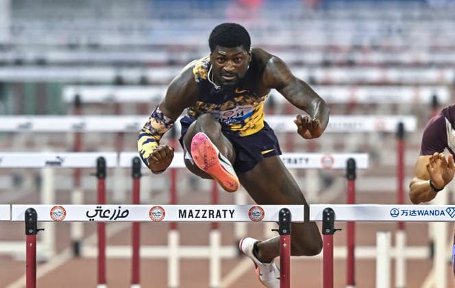 Doha Diamond League 2026 Cordell Tinch of the United States competes in the men s 110m Hurdles final at the Diamond League Doha Meeting 2026 competition at Suheim Bin Hamad Stadium in Doha, Qatar, on May 19, 2026. DOHA Qatar Copyright: xNOUSHADx