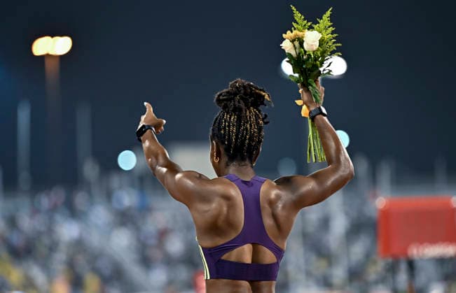 Doha Diamond League 2026 Kemba Nelson of Jamaica celebrates after winning the women s 100m final at the Diamond League Doha Meeting 2026 competition at Suheim Bin Hamad Stadium in Doha, Qatar, on May 19, 2026. DOHA Qatar Copyright: xNOUSHADx