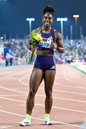Doha Diamond League 2026 Kemba Nelson of Jamaica celebrates after winning the women s 100m final at the Diamond League Doha Meeting 2026 competition at Suheim Bin Hamad Stadium in Doha, Qatar, on May 19, 2026. DOHA Qatar Copyright: xNOUSHADx