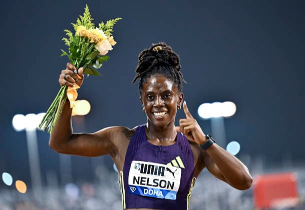 Doha Diamond League 2026 Kemba Nelson of Jamaica celebrates after winning the women s 100m final at the Diamond League Doha Meeting 2026 competition at Suheim Bin Hamad Stadium in Doha, Qatar, on May 19, 2026. DOHA Qatar Copyright: xNOUSHADx