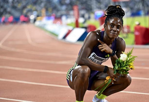 Doha Diamond League 2026 Kemba Nelson of Jamaica celebrates after winning the women s 100m final at the Diamond League Doha Meeting 2026 competition at Suheim Bin Hamad Stadium in Doha, Qatar, on May 19, 2026. DOHA Qatar Copyright: xNOUSHADx