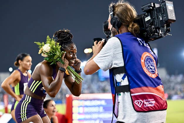 Doha Diamond League 2026 Kemba Nelson of Jamaica celebrates after winning the women s 100m final at the Diamond League Doha Meeting 2026 competition at Suheim Bin Hamad Stadium in Doha, Qatar, on May 19, 2026. DOHA Qatar Copyright: xNOUSHADx