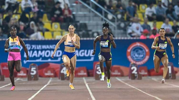 Doha Diamond League 2026 Kemba Nelson (2-R) of Jamaica and Patrizia van der Weken (2-L) of Luxembourg competes in the women s 100m final at the Diamond League Doha Meeting 2026 competition at Suheim Bin Hamad Stadium in Doha, Qatar, on May 19, 2026. DOHA Qatar Copyright: xNOUSHADx