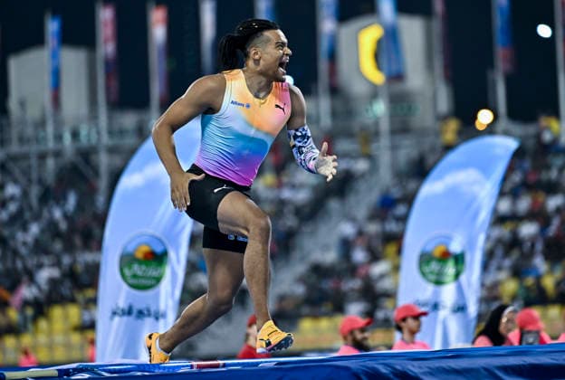 Doha Diamond League 2026 Emmanouil Karalis of Greece celebrates during the men s pole final at the Diamond League Doha Meeting 2026 competition at Suheim Bin Hamad Stadium in Doha, Qatar, on May 19, 2026. DOHA Qatar Copyright: xNOUSHADx