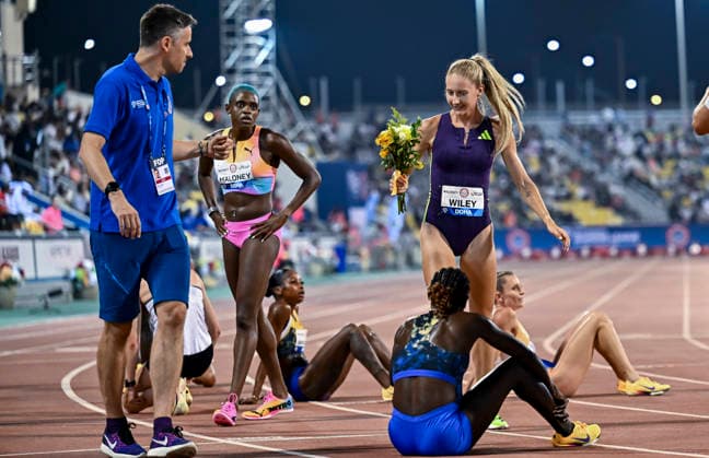Doha Diamond League 2026 Addison Wiley of the United States celebrates after winning the women s 800m final at the Diamond League Doha Meeting 2026 competition at Suheim Bin Hamad Stadium in Doha, Qatar, on May 19, 2026. DOHA Qatar Copyright: xNOUSHADx