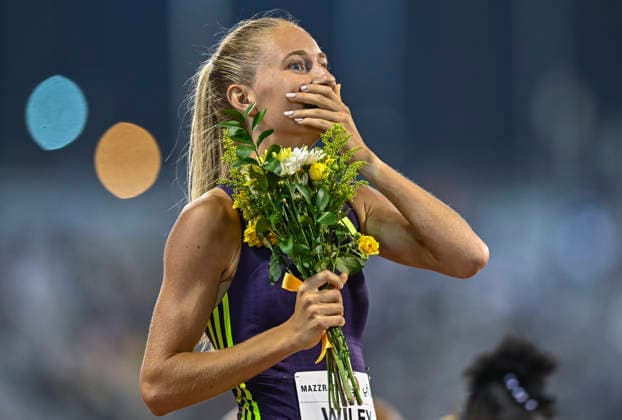 Doha Diamond League 2026 Addison Wiley of the United States celebrates after winning the women s 800m final at the Diamond League Doha Meeting 2026 competition at Suheim Bin Hamad Stadium in Doha, Qatar, on May 19, 2026. DOHA Qatar Copyright: xNOUSHADx