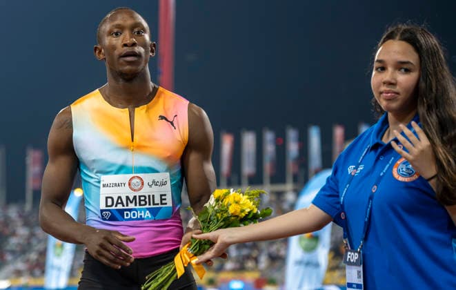 Doha Diamond League 2026 Sinesipho Dambile of South Africa celebrates after winning the men s 200m final at the Diamond League Doha Meeting 2026 competition at Suheim Bin Hamad Stadium in Doha, Qatar, on May 19, 2026. DOHA Qatar Copyright: xNOUSHADx