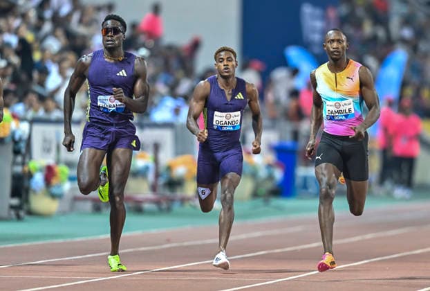 Doha Diamond League 2026 Sinesipho Dambile (R) of South Africa competes in the men s 200m final at the Diamond League Doha Meeting 2026 competition at Suheim Bin Hamad Stadium in Doha, Qatar, on May 19, 2026. DOHA Qatar Copyright: xNOUSHADx