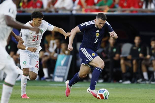FOXBOROUGH - (LR) Ayoub Amaimouni of Morocco, John McGinn of Scotland during the FIFA 2026 World Cup Group C match between Scotland and Morocco at Boston Stadium on June 20, 2026 in Foxborough, United States. MAURICE VAN STEEN ANP FIFA World Cup, WM, Weltmeisterschaft, Fussball 2026 2026 xVIxANPxSportx xMauricexvanxSteenxIVx 561486126 originalFilename: 561486126.jpg