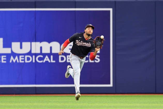 June 19, 2026, St. Petersburg, Florida, USA: Washington Nationals right fielder James Wood (29) catches a line drive off the bat of Tampa Bay Rays center fielder Cedric Mullins (31) during an MLB, Baseball Herren, USA game on June 19, 2026 at Tropicana Field. The Rays beat the Nationals 5-2. St. Petersburg USA - ZUMAh180 20260619_zsp_h180_033 Copyright: xKimxHukarix