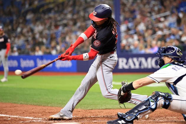 June 19, 2026, St. Petersburg, Florida, USA: Washington Nationals shortstop CJ Abrams (5) grounds out to Tampa Bay Rays first baseman Jonathan Aranda (8) during an MLB, Baseball Herren, USA game on June 19, 2026 at Tropicana Field. The Rays beat the Nationals 5-2. St. Petersburg USA - ZUMAh180 20260619_zsp_h180_071 Copyright: xKimxHukarix