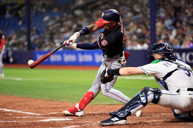 June 19, 2026, St. Petersburg, Florida, USA: Washington Nationals third baseman Jorbit Vivas (84) lines out to Tampa Bay Rays second baseman Richie Palacios (1) during an MLB, Baseball Herren, USA game on June 19, 2026 at Tropicana Field. The Rays beat the Nationals 5-2. St. Petersburg USA - ZUMAh180 20260619_zsp_h180_068 Copyright: xKimxHukarix