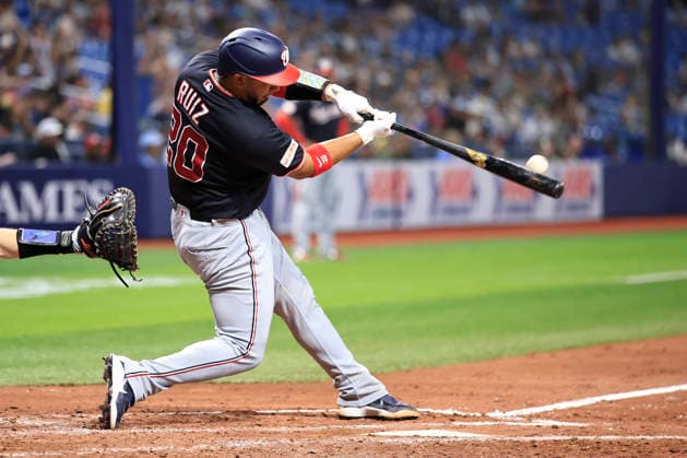 June 19, 2026, St. Petersburg, Florida, USA: Washington Nationals catcher Keibert Ruiz (20) grounds out to Tampa Bay Rays third baseman Junior Caminero (13) during an MLB, Baseball Herren, USA game on June 19, 2026 at Tropicana Field. The Rays beat the Nationals 5-2. St. Petersburg USA - ZUMAh180 20260619_zsp_h180_069 Copyright: xKimxHukarix