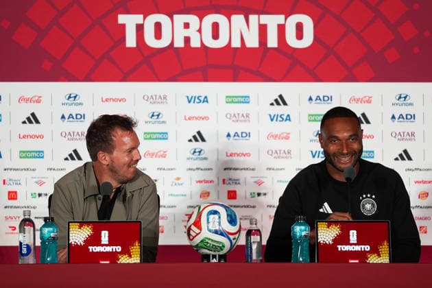 press conference, PK, Pressekonferenz ahead of Germany v Ivory Coast - 2026 FIFA World Cup, WM, Weltmeisterschaft, Fussball TORONTO, CANADA - JUNE 19 : Head Coach of Germany Julian Nagelsmann (L) and Jonathan Tah, attends a press conference one day ahead of their Group E match against Ivory Coast at the 2026 FIFA World Cup in Toronto, Ontario, Canada on June 19, 2026. Mert Alper Dervis Anadolu Ontario Canada. Editorial use only. Please get in touch for any other usage.  Copyright: x2026xAnadoluxMertxAlperxDervisx