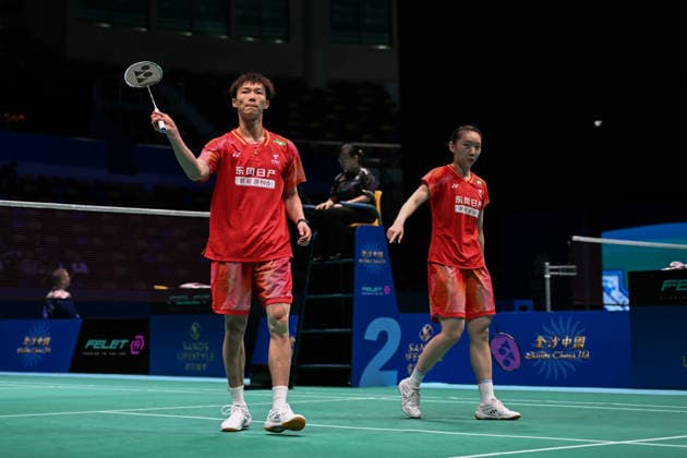 MACAO, CHINA - JUNE 19: Jiang Zhenbang and Wei Yaxin of China react in the Mixed Doubles Quarterfinal match against Li Hongyi and Huang Kexin of China on day 4 of Macao Open Badminton 2026 at Macao East Asian Games Dome on June 19, 2026 in Macau, China.  Copyright: xVCGx 111649290078
