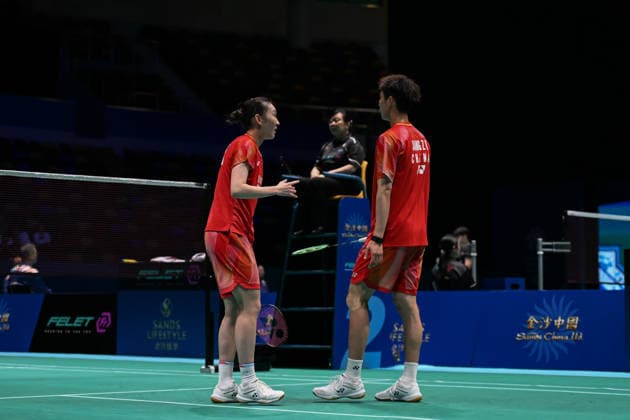MACAO, CHINA - JUNE 19: Jiang Zhenbang and Wei Yaxin of China react in the Mixed Doubles Quarterfinal match against Li Hongyi and Huang Kexin of China on day 4 of Macao Open Badminton 2026 at Macao East Asian Games Dome on June 19, 2026 in Macau, China.  Copyright: xVCGx 111649290080