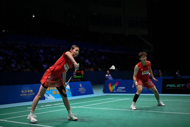 MACAO, CHINA - JUNE 19: Liao Lixi and Shen Shiyao of China compete in the Women s Doubles Quarterfinal match against Chen Fan Shutian and Liu Jiayue of China on day 4 of Macao Open Badminton 2026 at Macao East Asian Games Dome on June 19, 2026 in Macao, China.  Copyright: xVCGx 111649291823