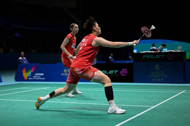 MACAO, CHINA - JUNE 19: Liao Lixi and Shen Shiyao of China compete in the Women s Doubles Quarterfinal match against Chen Fan Shutian and Liu Jiayue of China on day 4 of Macao Open Badminton 2026 at Macao East Asian Games Dome on June 19, 2026 in Macao, China.  Copyright: xVCGx 111649291826