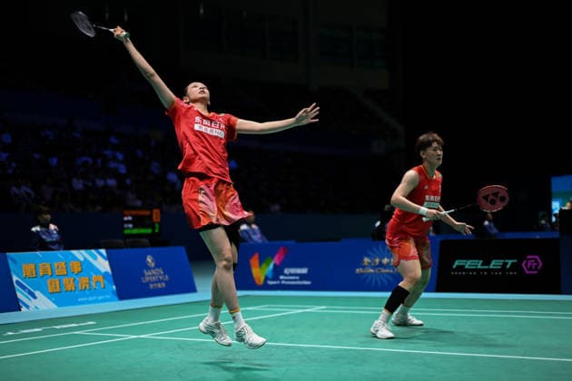 MACAO, CHINA - JUNE 19: Liao Lixi and Shen Shiyao of China compete in the Women s Doubles Quarterfinal match against Chen Fan Shutian and Liu Jiayue of China on day 4 of Macao Open Badminton 2026 at Macao East Asian Games Dome on June 19, 2026 in Macao, China.  Copyright: xVCGx 111649291827