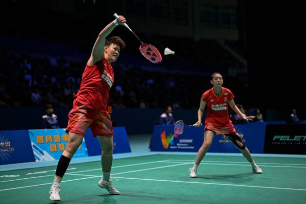 MACAO, CHINA - JUNE 19: Liao Lixi and Shen Shiyao of China compete in the Women s Doubles Quarterfinal match against Chen Fan Shutian and Liu Jiayue of China on day 4 of Macao Open Badminton 2026 at Macao East Asian Games Dome on June 19, 2026 in Macao, China.  Copyright: xVCGx 111649291829