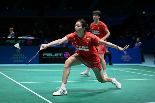 MACAO, CHINA - JUNE 19: Bao Lijing and Cao Zihan of China compete in the Women s Doubles Quarterfinal match against Yi En Hsieh and Teng Chun Hsun of Chinese Taipei on day 4 of Macao Open Badminton 2026 at Macao East Asian Games Dome on June 19, 2026 in Macao, China.  Copyright: xVCGx 111649293710