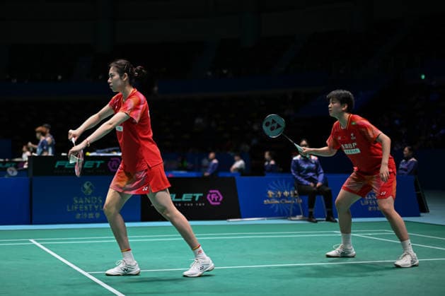 MACAO, CHINA - JUNE 19: Bao Lijing and Cao Zihan of China compete in the Women s Doubles Quarterfinal match against Yi En Hsieh and Teng Chun Hsun of Chinese Taipei on day 4 of Macao Open Badminton 2026 at Macao East Asian Games Dome on June 19, 2026 in Macao, China.  Copyright: xVCGx 111649293706