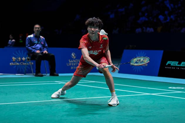 MACAU, CHINA - JUNE 19: Han Qianxi of China competes against Halbu during the women s singles quarterfinal match at the Macau Badminton Open 2026 on June 19, 2026 in Macau, China. Han Qianxi defeated Halbu with a score of 2-1.  Copyright: xVCGx 111649287255
