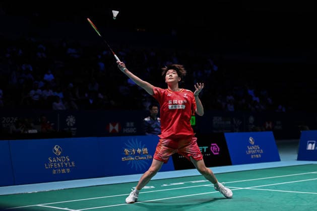 MACAO, CHINA - JUNE 19: Han Qianxi of China competes in the Women s Singles Quarterfinal match against Anmol Kharb of India on day 4 of Macao Open Badminton 2026 at Macao East Asian Games Dome on June 19, 2026 in Macao, China.  Copyright: xVCGx 111649287250