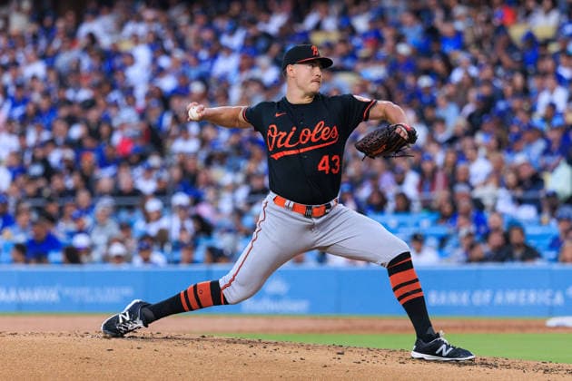 June 19, 2026, Los Angeles, California, USA: Starting pitcher, Trey Gibson 43 of the Baltimore Orioles during a regular season MLB, Baseball Herren, USA game against the Los Angeles Dodgers on Friday June 19, 2026 at Dodger Stadium in Los Angeles, California. Dodgers defeat Orioles, 6-5. JAVIER ROJAS PI Los Angeles USA - ZUMAp124 20260619_zaa_p124_016 Copyright: xJavierxRojasx