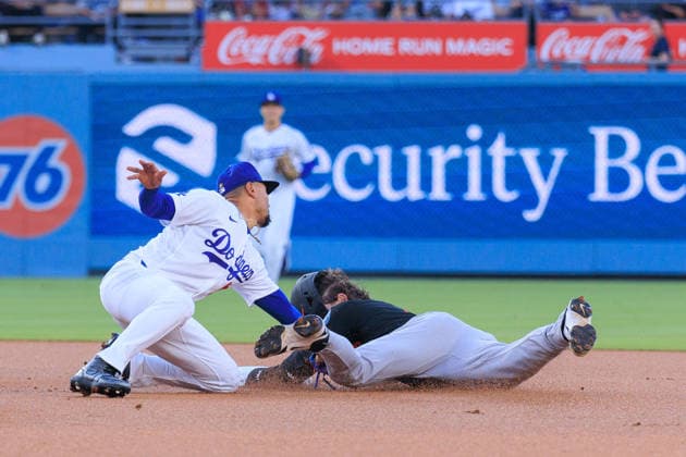 June 19, 2026, Los Angeles, California, USA: Mookie Betts 50 of the Los Angeles Dodgers catches the ball for an out on Taylor Ward 3 of the Baltimore Orioles on second base during a regular season MLB, Baseball Herren, USA game against the Baltimore Orioles on Friday June 19, 2026 at Dodger Stadium in Los Angeles, California. Dodgers defeat Orioles, 6-5. JAVIER ROJAS PI Dodgers Defeat Orioles, 6-5  - ZUMAp124 20260619_zaa_p124_006 Copyright: xJavierxRojasx
