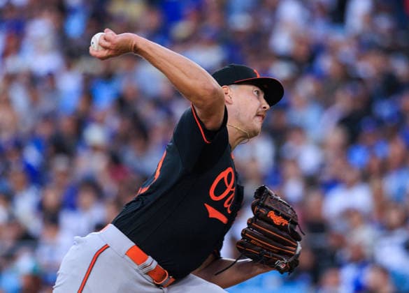 June 19, 2026, Los Angeles, California, USA: Starting pitcher, Trey Gibson 43 of the Baltimore Orioles during a regular season MLB, Baseball Herren, USA game against the Los Angeles Dodgers on Friday June 19, 2026 at Dodger Stadium in Los Angeles, California. Dodgers defeat Orioles, 6-5. JAVIER ROJAS PI Los Angeles USA - ZUMAp124 20260619_zaa_p124_019 Copyright: xJavierxRojasx