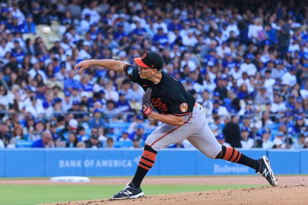 June 19, 2026, Los Angeles, California, USA: Starting pitcher, Trey Gibson 43 of the Baltimore Orioles during a regular season MLB, Baseball Herren, USA game against the Los Angeles Dodgers on Friday June 19, 2026 at Dodger Stadium in Los Angeles, California. Dodgers defeat Orioles, 6-5. JAVIER ROJAS PI Dodgers Defeat Orioles, 6-5  - ZUMAp124 20260619_zaa_p124_010 Copyright: xJavierxRojasx