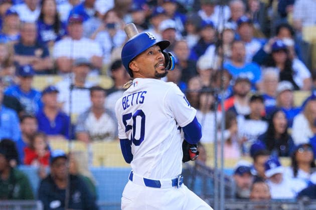 June 19, 2026, Los Angeles, California, USA: Mookie Betts 50 of the Los Angeles Dodgers hits a double during a regular season MLB, Baseball Herren, USA game against the Baltimore Orioles on Friday June 19, 2026 at Dodger Stadium in Los Angeles, California. Dodgers defeat Orioles, 6-5. JAVIER ROJAS PI Dodgers Defeat Orioles, 6-5  - ZUMAp124 20260619_zaa_p124_012 Copyright: xJavierxRojasx