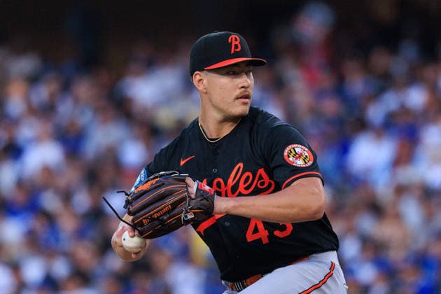 June 19, 2026, Los Angeles, California, USA: Starting pitcher, Trey Gibson 43 of the Baltimore Orioles during a regular season MLB, Baseball Herren, USA game against the Los Angeles Dodgers on Friday June 19, 2026 at Dodger Stadium in Los Angeles, California. Dodgers defeat Orioles, 6-5. JAVIER ROJAS PI Dodgers Defeat Orioles, 6-5  - ZUMAp124 20260619_zaa_p124_018 Copyright: xJavierxRojasx