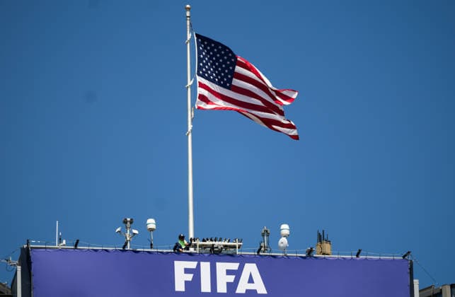 SEATTLE, WASHINGTON - JUNE 19: General view of a United States flag above a FIFA logo during the FIFA World Cup, WM, Weltmeisterschaft, Fussball 2026 Group D match between USA and Australia at Seattle Stadium on June 19, 2026 in Seattle, Washington.  Copyright: xMBxMediax