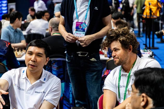 June 20, 2026, Hong Kong, Hong Kong, China: Chess Grandmasters WESLEY SO (USA) and MAGNUS CARLSEN (NOR) before a Blitz match at the 2026 FIDE World Team Rapid and Blitz Chess Championship in Hong Kong.Chess Hong Kong China - ZUMAm298 0859595916st Copyright: xJamesxModestox