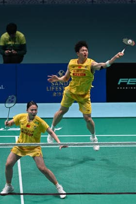 MACAO, CHINA - JUNE 18: Zhu Yijun and Li Qian of China compete in the Mixed Doubles Round of 16 match against Liew Xun and Ho Lo Ee of Malaysia on day 3 of Macao Open Badminton 2026 at Macao East Asian Games Dome on June 18, 2026 in Macao, China.  Copyright: xVCGx 111648947134