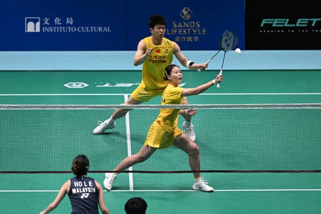 MACAO, CHINA - JUNE 18: Zhu Yijun and Li Qian of China compete in the Mixed Doubles Round of 16 match against Liew Xun and Ho Lo Ee of Malaysia on day 3 of Macao Open Badminton 2026 at Macao East Asian Games Dome on June 18, 2026 in Macao, China.  Copyright: xVCGx 111648947124