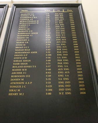 LONDON, ENGLAND - JUNE 20: View of the honours board which features Matt Henry of New Zealand after five wicket haul (fifer) in the first innings during day 4 of the 2nd Rothesay Test Match between England and New Zealand at The Kia Oval on June 20, 2026 in London, England.  Copyright: xJayxPatel SPPx Sportspressphoto_SPR171336